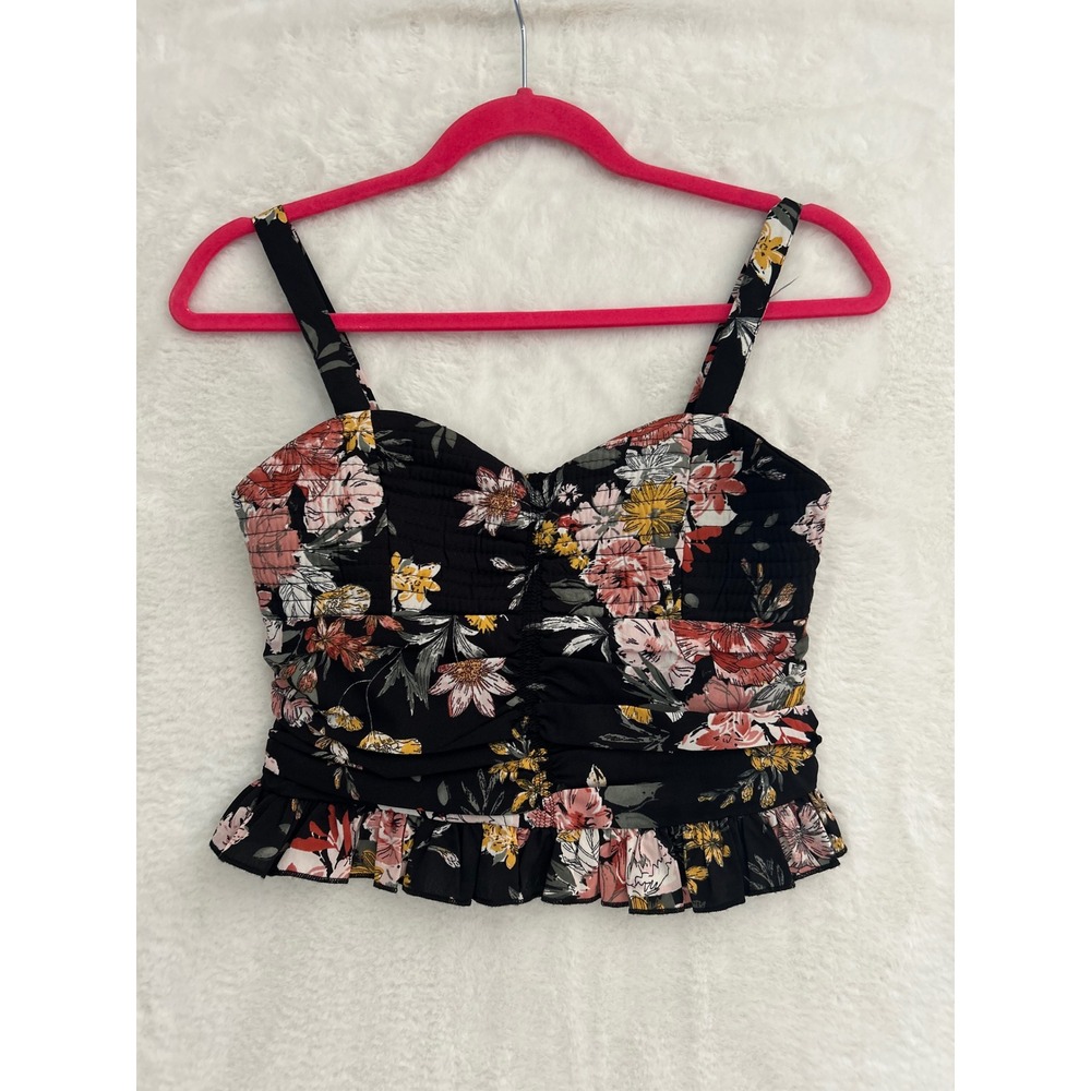 BOG Collective Floral Smocked Crop Top Black Pink Ruffle Hem Sweetheart Small